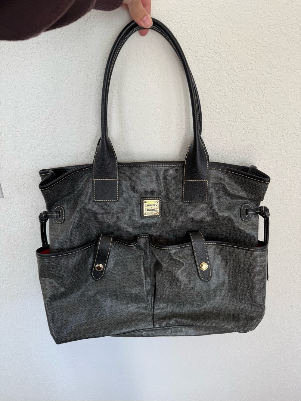 Dooney & Bourke Black and Dark Gray Tote with Front Pockets